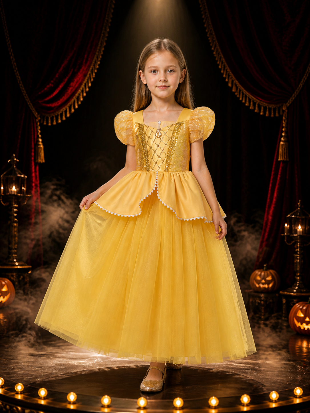 Girls Belle Princess Sequin Tulle Dress Costume for Halloween Birthday Costume Dresses detail 3