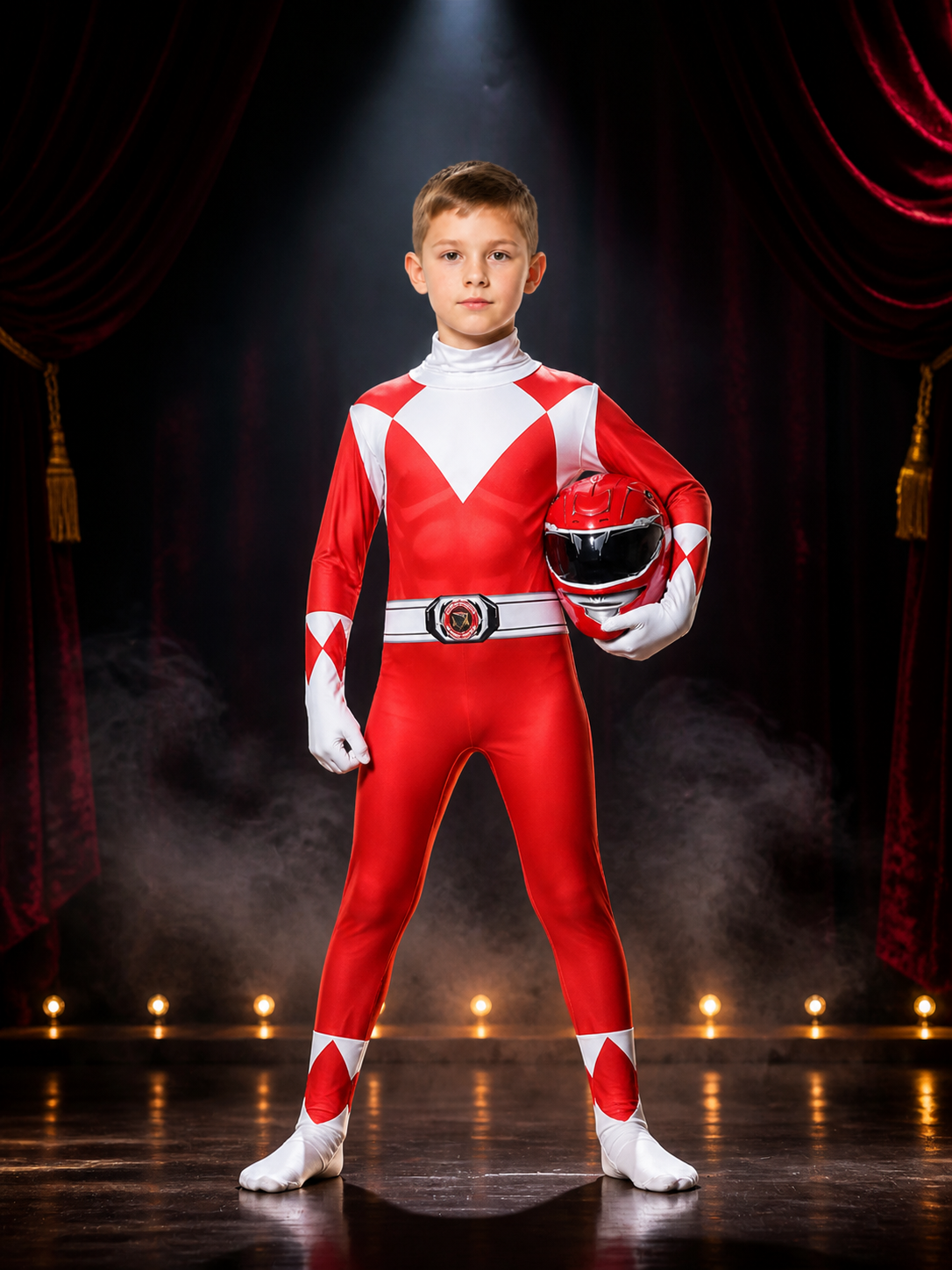 Red White Black Dragon Knight Bodysuit Costume with Hooded Mask and Diamond on-model stage scene view
