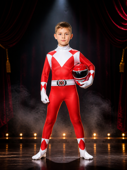 Red White Black Dragon Knight Bodysuit Costume with Hooded Mask and Diamond on-model stage scene view