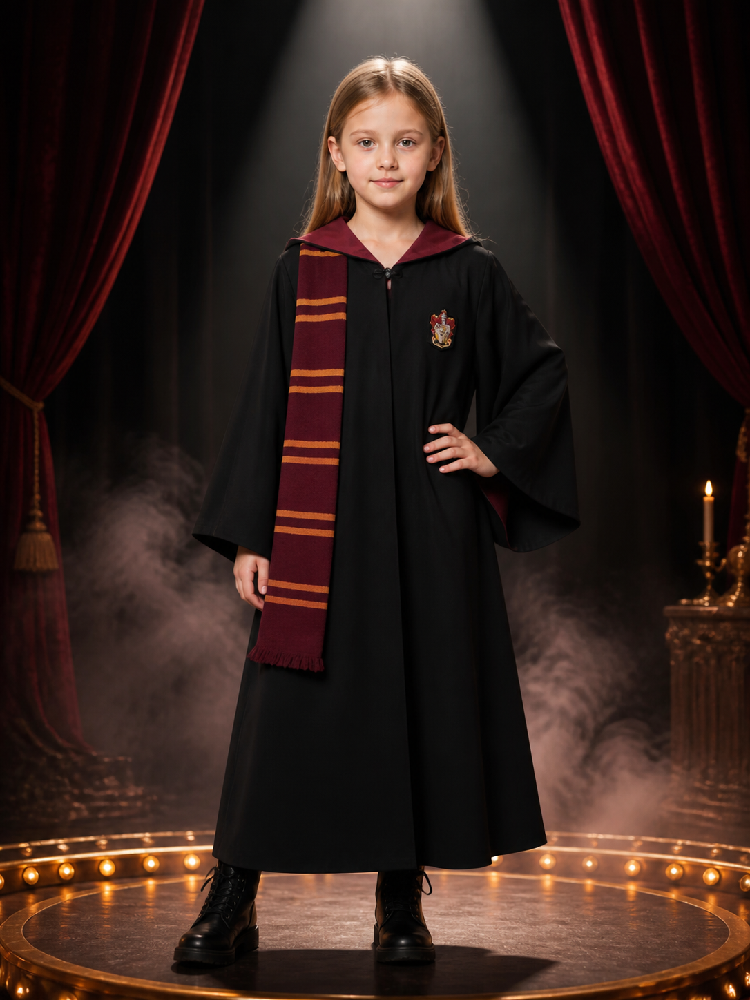 Kids Wizard Robe Costume Set with Striped Scarf, Black, Red and Gold Costumes detail 3