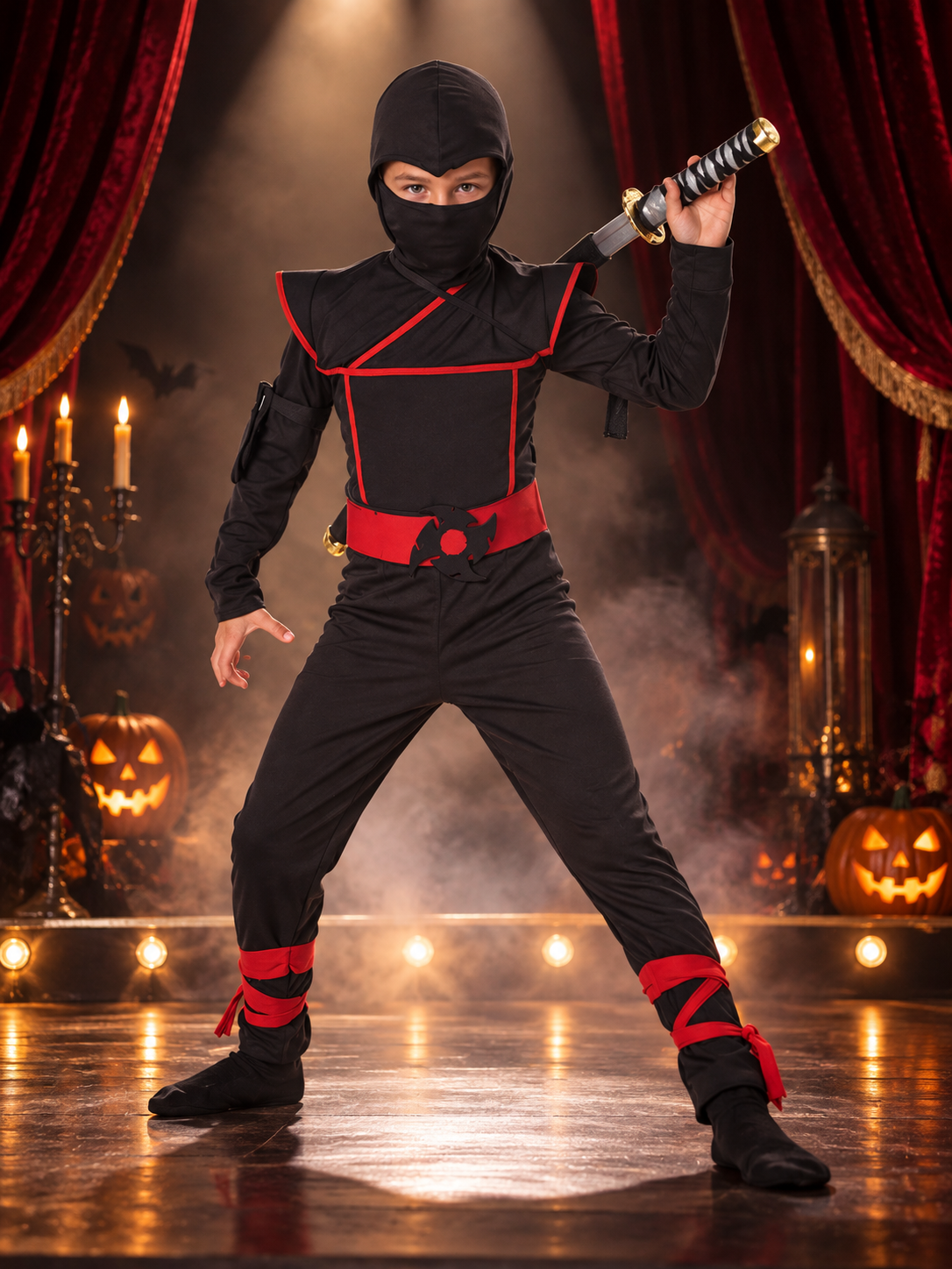 Kids' Ninja Costume Black with Red Trim, Mask, Belt