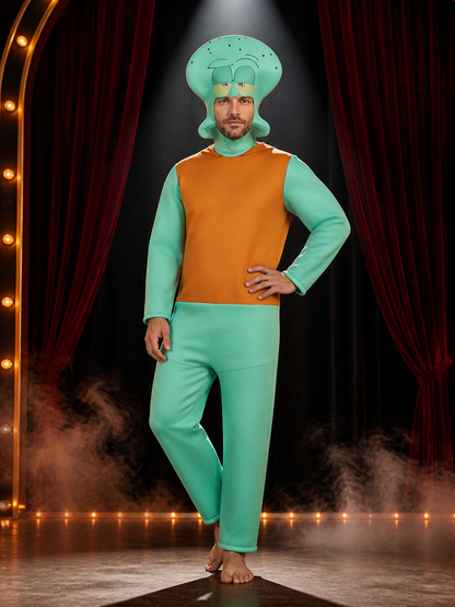 Unisex Squidward Costume Jumpsuit with Headpiece, Halloween Cosplay Outfit on-model stage scene view