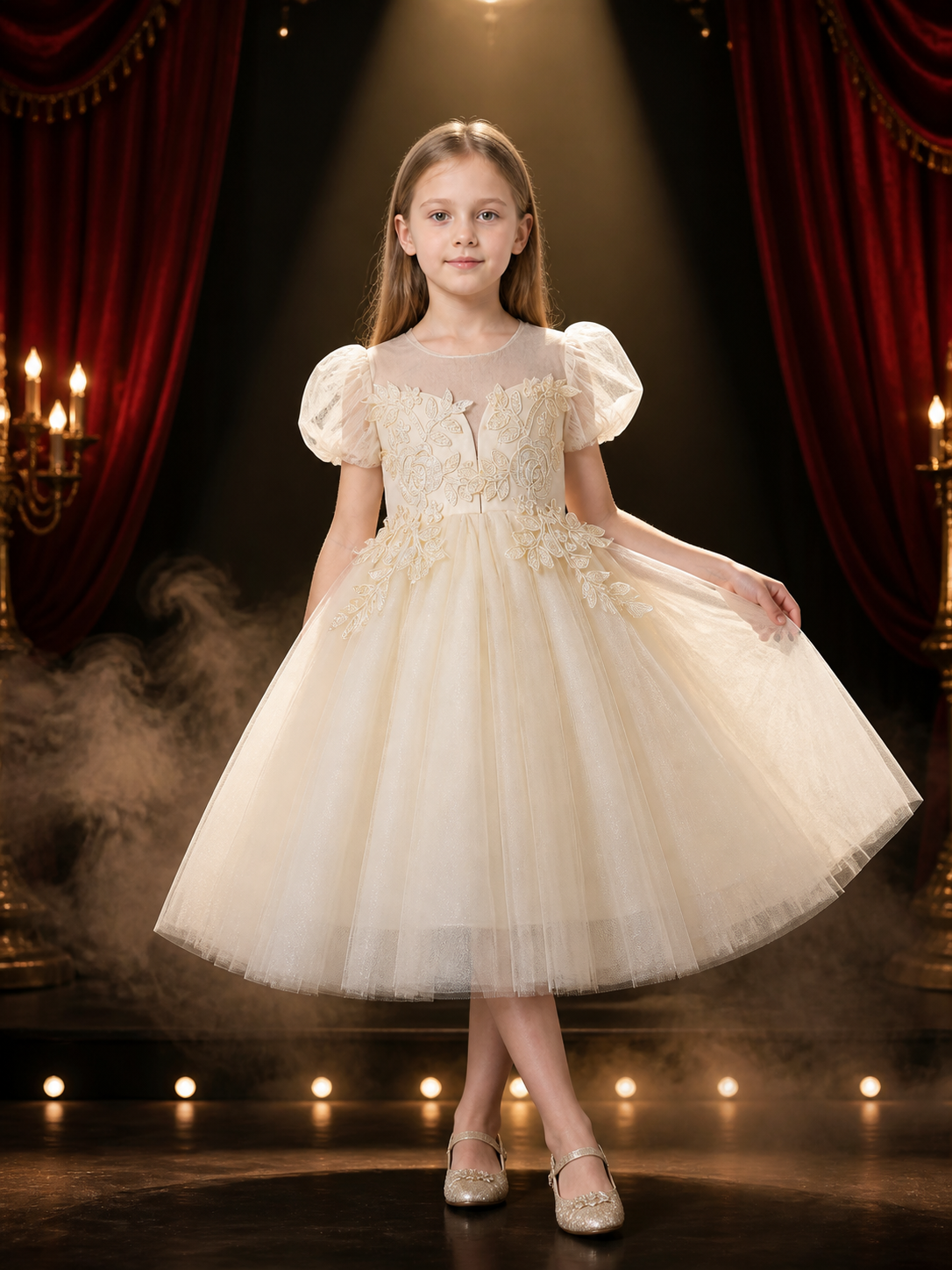 Toddler Girls' Ivory Princess Dress with Floral Vine Embellishments and Layered Costume Dresses detail 3