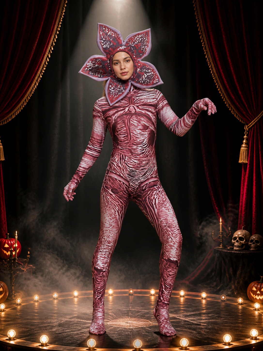 Carnivorous Plant Jumpsuit Costume Set with Petal Headpiece and Muscle Texture on-model stage scene view