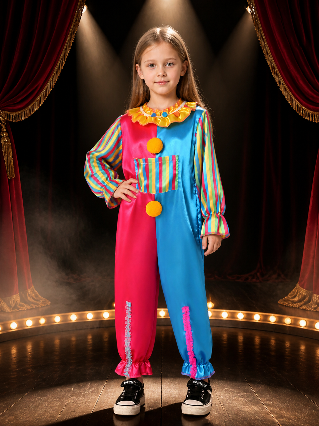 Kids Colorful Split-Color Clown Jumpsuit Costume with Ruffle Collar and Pom-Pom Costumes detail 3