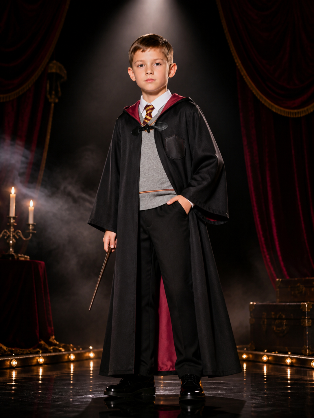 Kids Wizard Costume Set, Hooded Cape, Vest and Pants with Red-Gold Trim for Costume Capes detail 3
