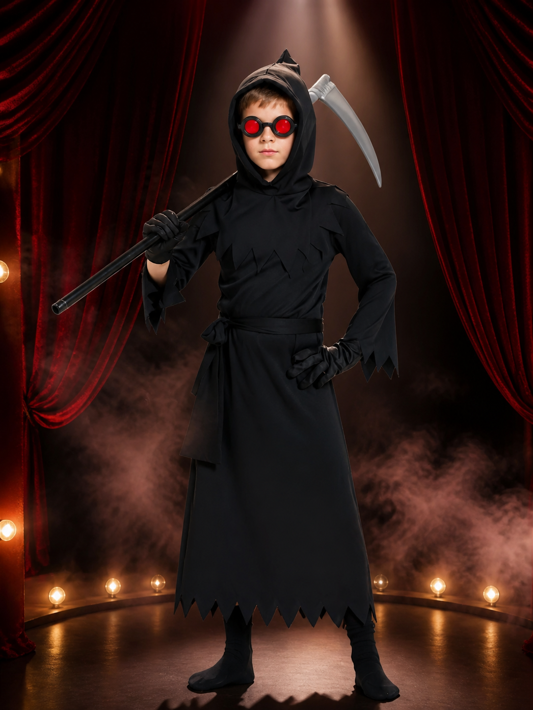 Halloween Grim Reaper Costume Set with Hooded Mask, Glowing Eyes & Scythe Costume Masks detail 3