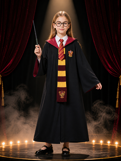 Red and Gold Striped Wizard Robe Costume Set with Hood, Tie, Scarf, Glasses & Costumes detail 3