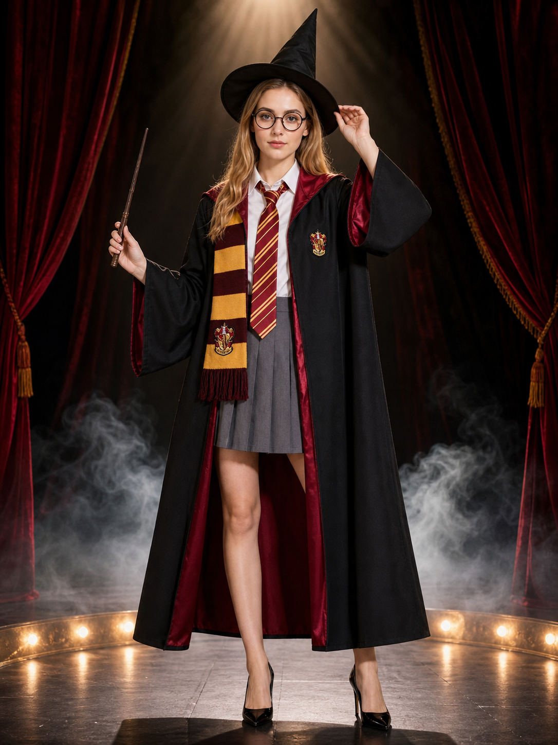 Wizard Costume Set With Hooded Robe, Shirt, Skirt, Hat, Glasses, Tie, Scarf And Costume Headwear detail 3