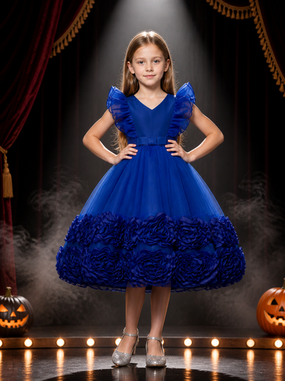 Toddler Girls' Blue Princess Dress, Ruffled Tulle Party Gown with Bow Costume Dresses detail 3