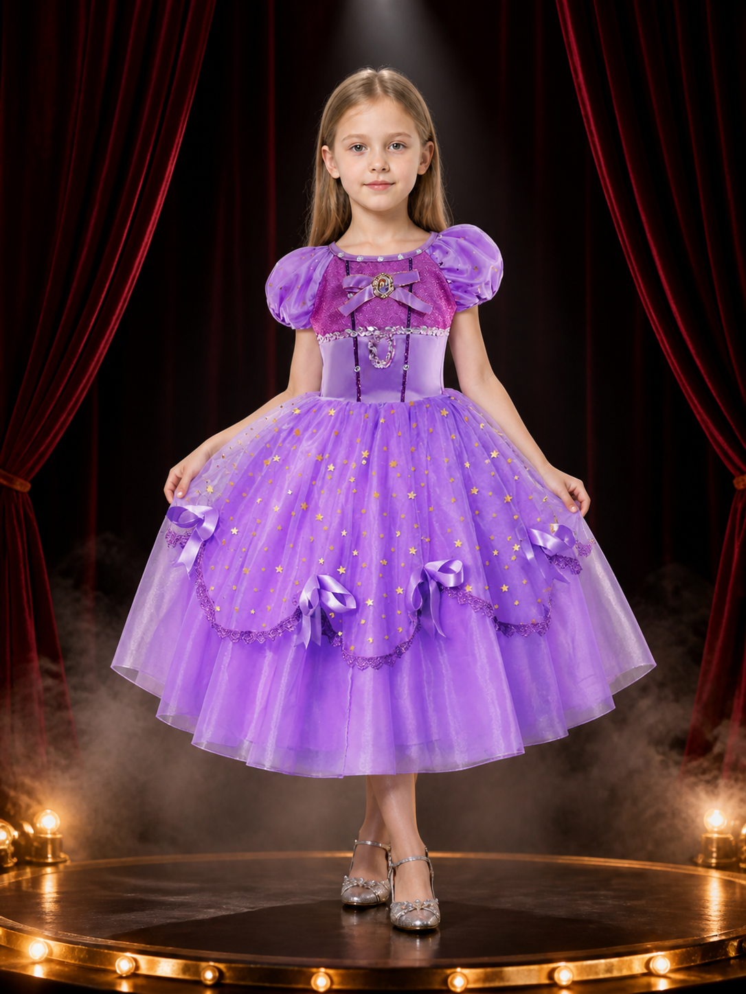 Girls Purple Princess Ball Gown Costume, Star Pattern Layered Tutu Dress with Costume Dresses detail 3