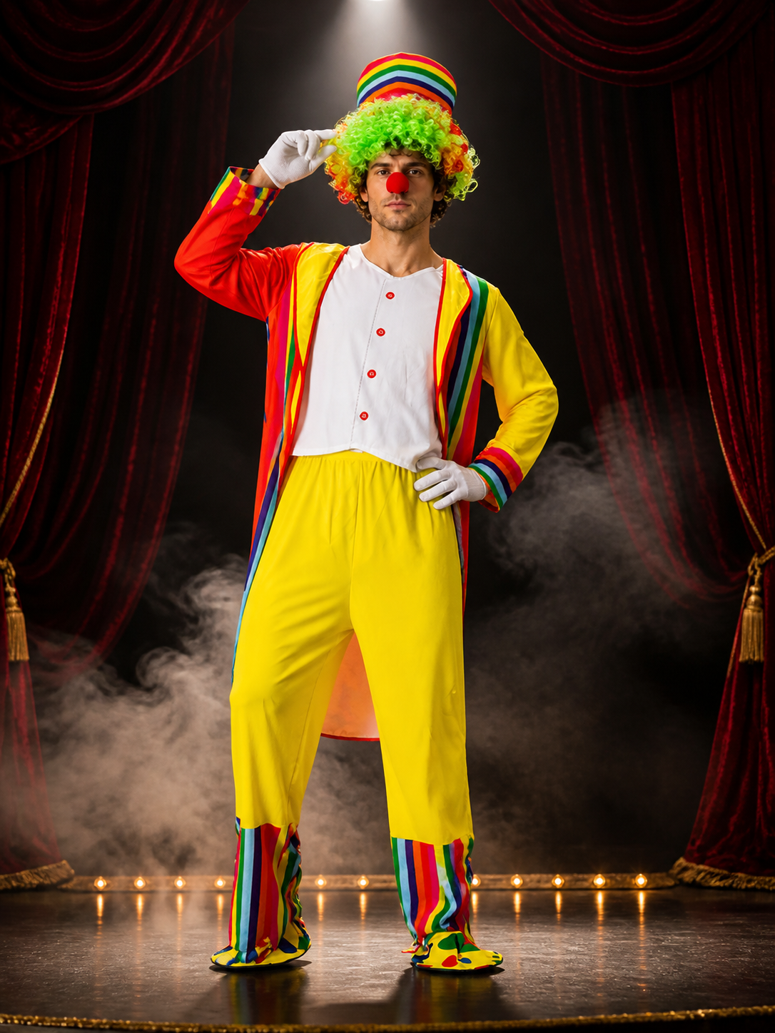 Adult Circus Clown Costume Set - Rainbow Stripe Tuxedo with Hat (4 Pieces) for Costume Headwear detail 3