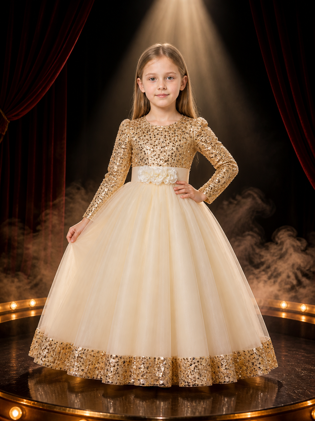 Girls' Champagne Princess Dress, Long Sleeve Sequin Flower Halloween Costume Costume Dresses detail 3