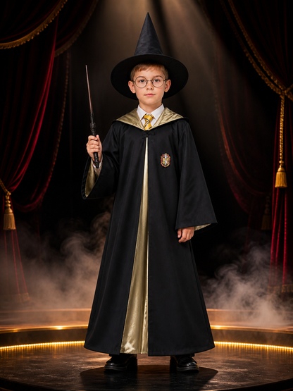 Wizard Costume Set With Hooded Robe, Pointed Hat, Wand, Tie And Round Glasses Costume Headwear detail 3