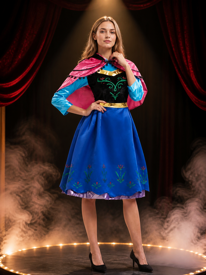 Anna Style Princess Costume Dress, Blue Floral Print Cape Gown with Gold Belt Costume Dresses detail 3