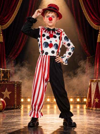 Clown Costume: Polka-Dot Shirt, Pants, Hat, Suspenders