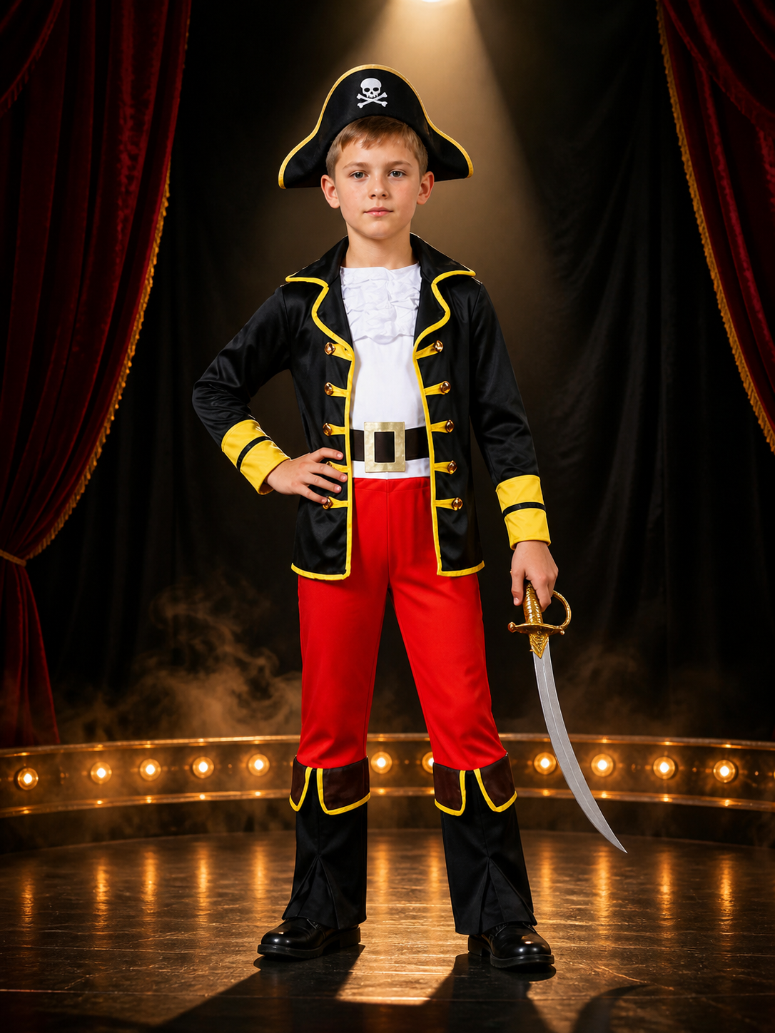 Boys Pirate Halloween Costume Set with Tricorn Hat and Skull Print Costume Headwear detail 3