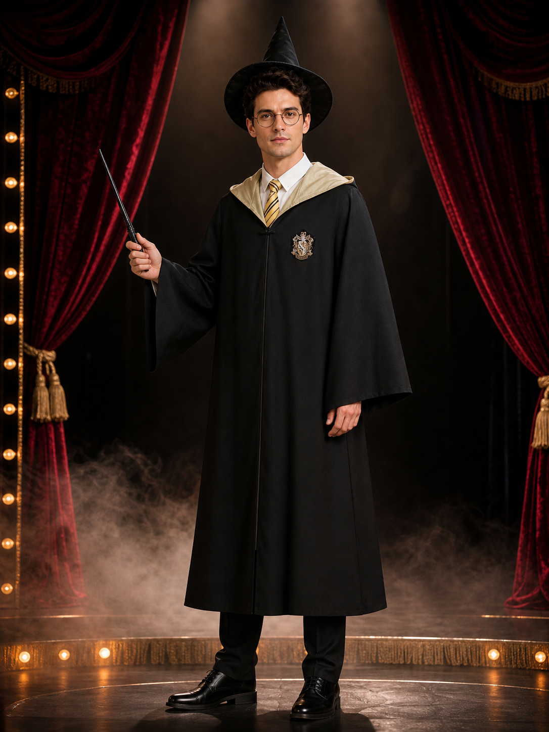 Black and Yellow Wizard Costume Set with Hooded Robe, Hat, Tie, Glasses and Wand Costume Headwear detail 3