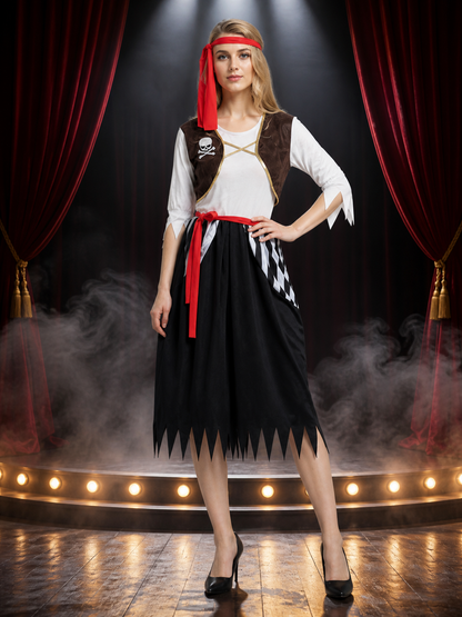 Adult Pirate Costume Set, Long-Sleeve Skirted Jumpsuit with Headband and Belt Costume Headwear detail 3