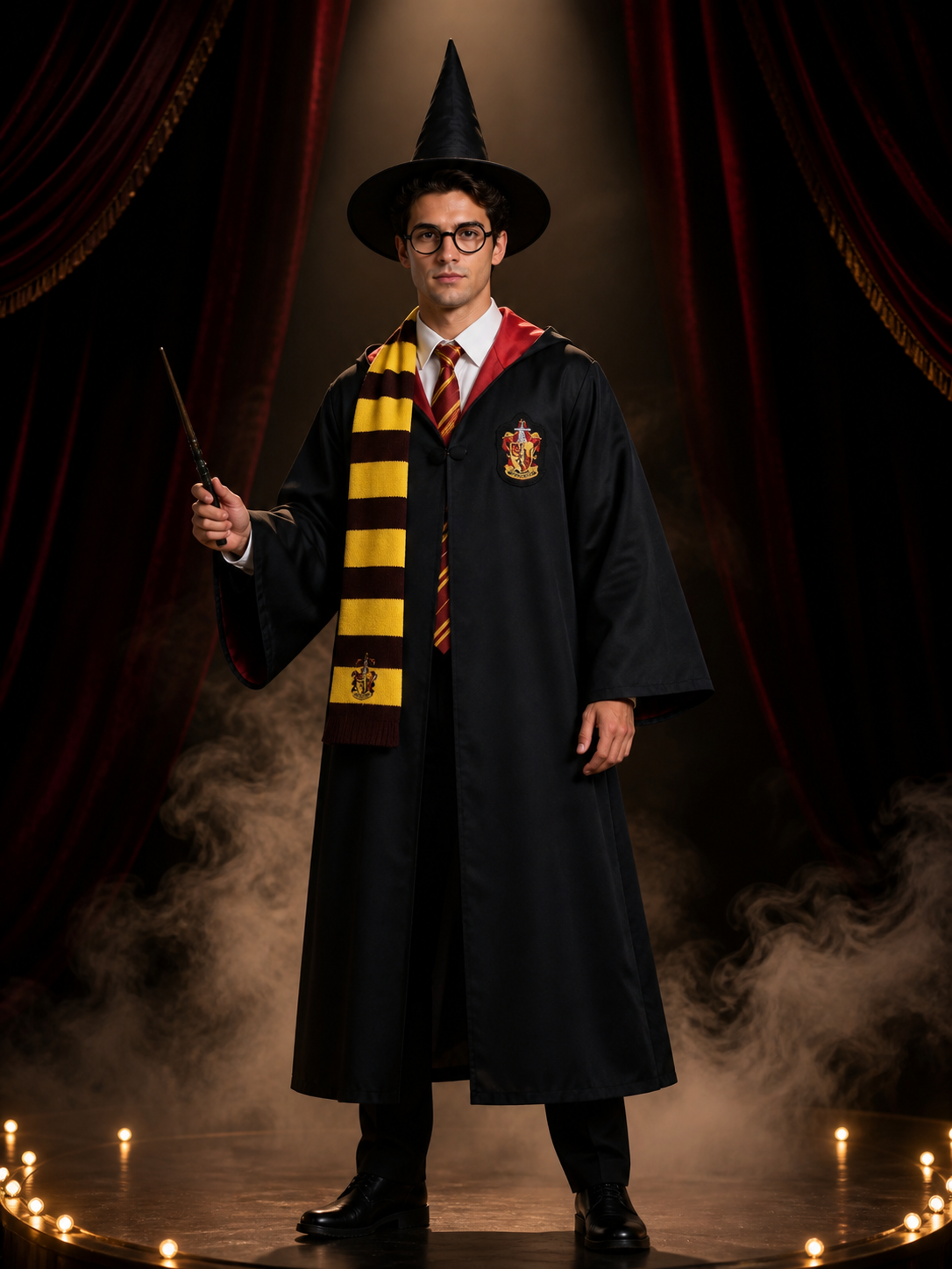 Wizard Costume Set with Robe, Hat, Scarf, Glasses, Wand, Shirt and Tie