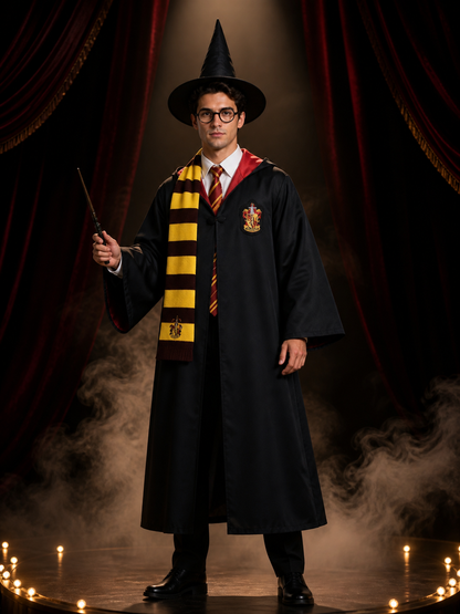 Wizard Costume Set with Robe, Hat, Scarf, Glasses, Wand, Shirt and Tie