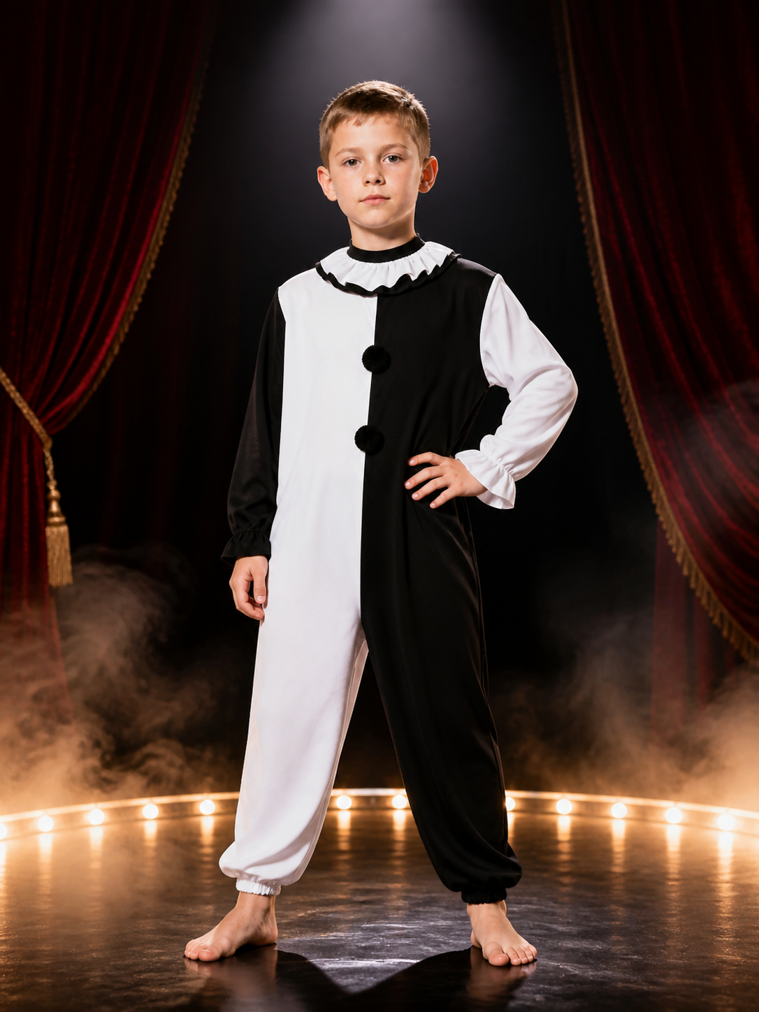 Men's Black and White Jester Jumpsuit Halloween Costume with Ruffled Collar on-model stage scene view