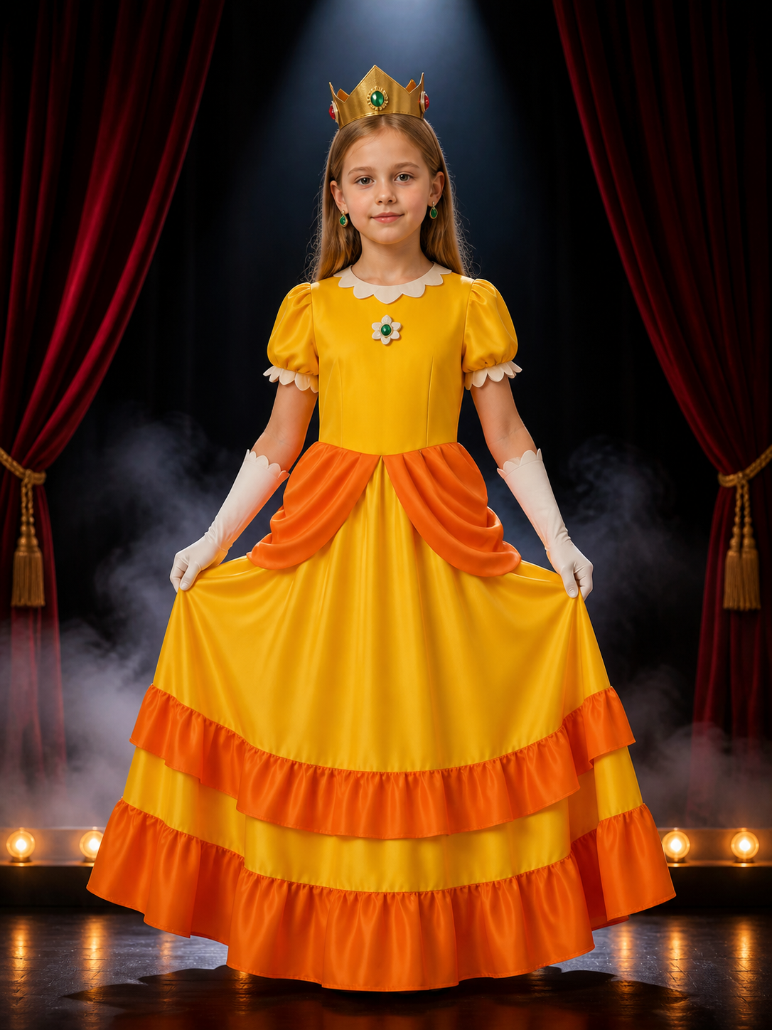 Kids Princess Yellow Dress Costume Set with Crown and Gloves for Halloween Costume Dresses detail 3