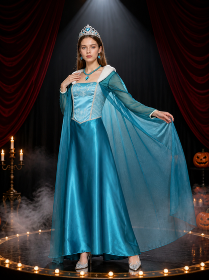 Women's Ice Princess Costume Dress with Cape, Jeweled Snowflake Details on-model stage scene view