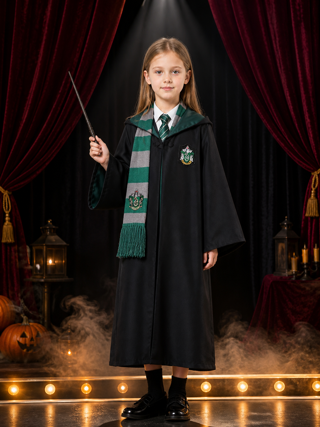 Slytherin Hooded Wizard Robe Costume Set with Tie and Scarf for Halloween Costumes detail 3