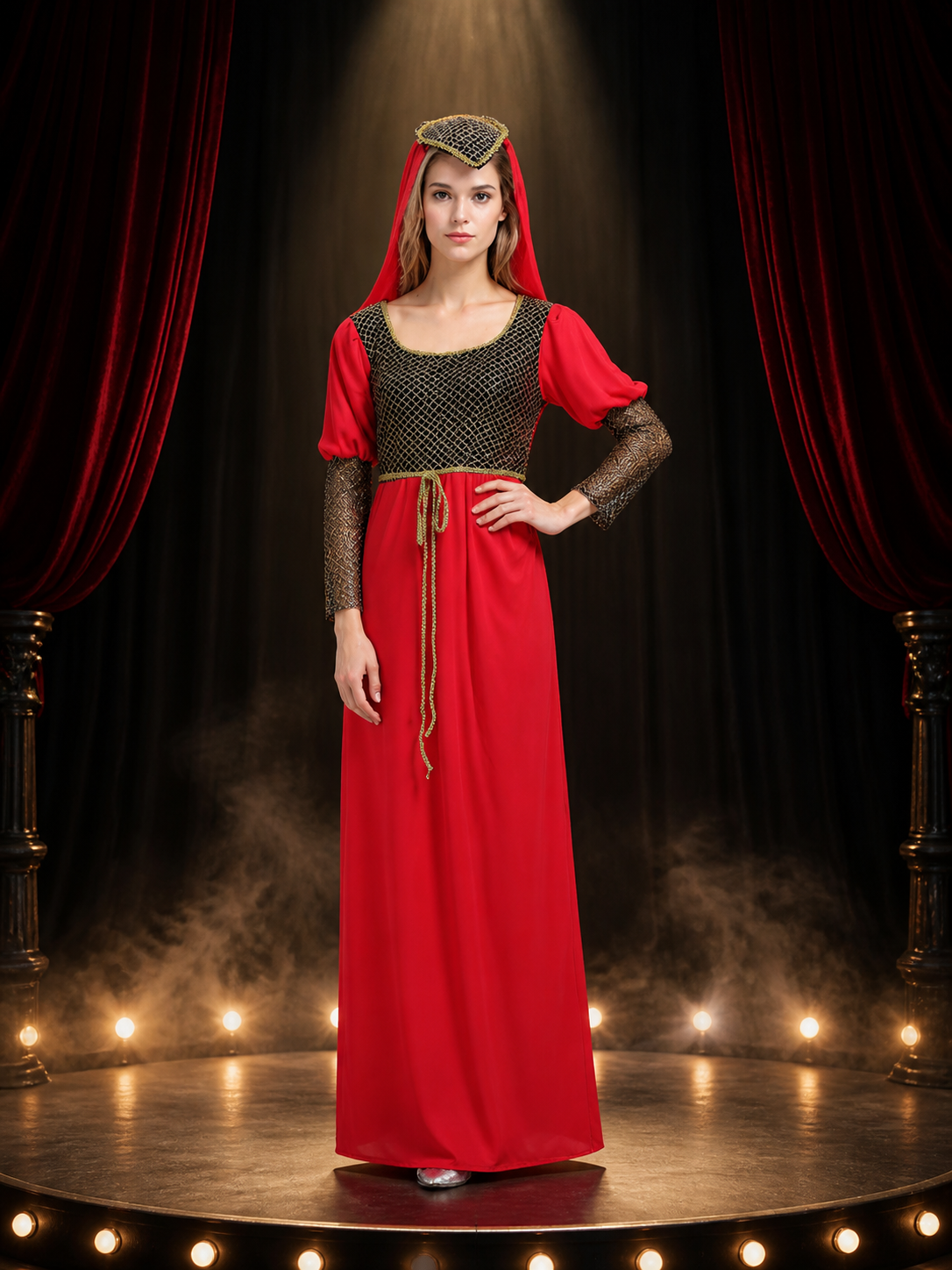 Red Princess Costume Dress with Headpiece, Mesh and Gold Trim for Halloween Costume Dresses detail 3