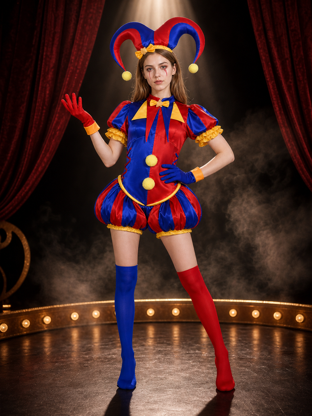 Pomni Clown Costume Set, Red Blue Jester Outfit with Hat, Collar & Gloves on-model stage scene view