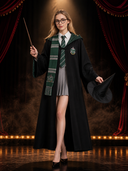 Green And Black Wizard Costume Set With Hooded Robe, Glasses, Wand, Hat And Tie Costume Headwear detail 3