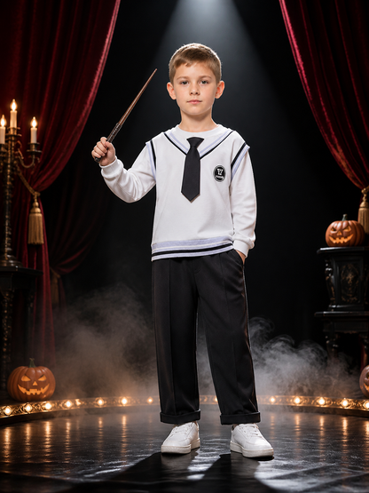 Wizard School Costume Set for Kids, White Sailor Collar Long Sleeve Top & Black Costumes detail 3