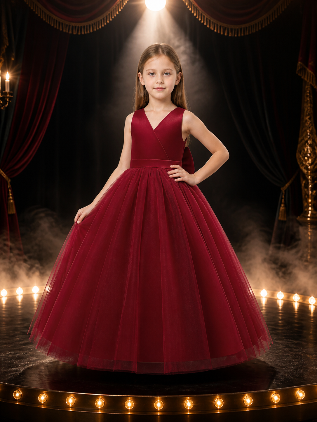 Girls' Maroon Princess Dress, V-Neck Sleeveless Tulle Ball Gown With Bow Costume Dresses detail 3