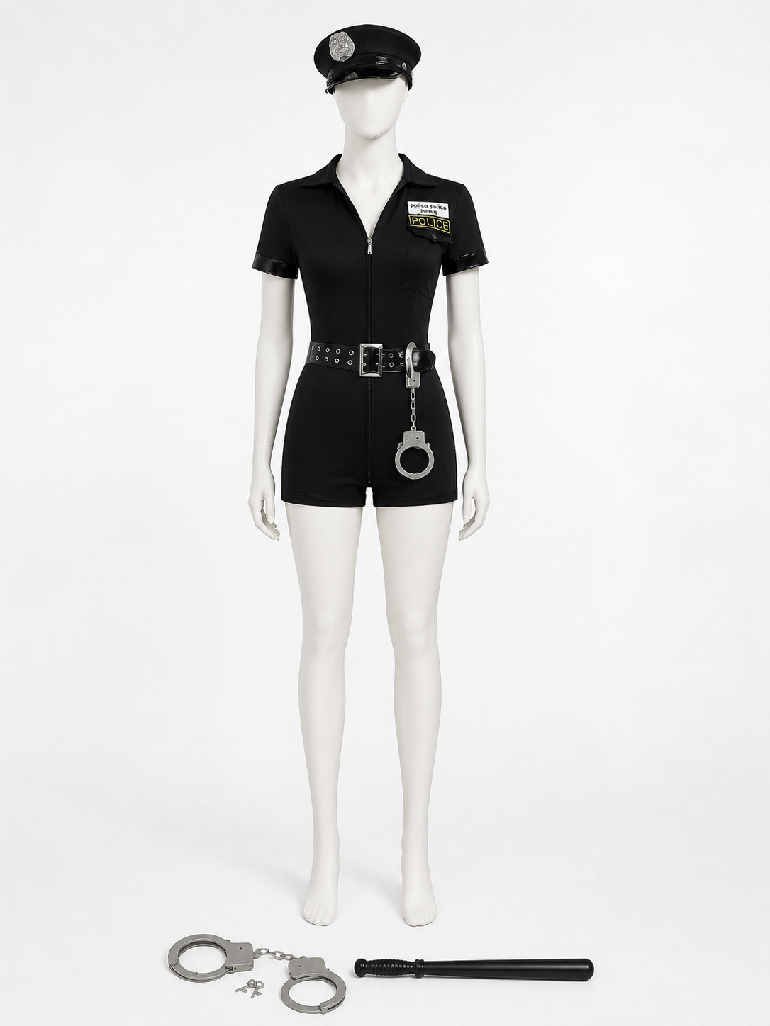 Women's Police Halloween Costume Set, Short Sleeve Zipper Jumpsuit with Hat on-model stage scene view