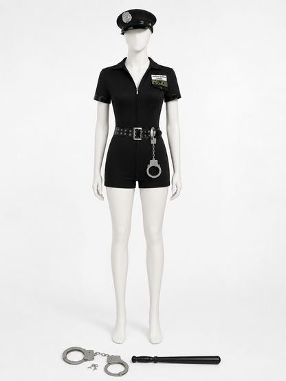 Women's Police Halloween Costume Set, Short Sleeve Zipper Jumpsuit with Hat on-model stage scene view
