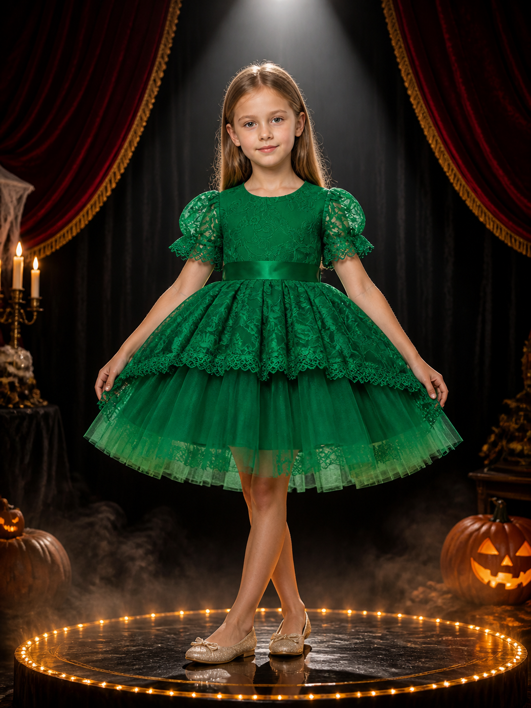 Girls' Dark Green Princess Party Dress with Lace Trim and Puff Sleeves Costume Dresses detail 3