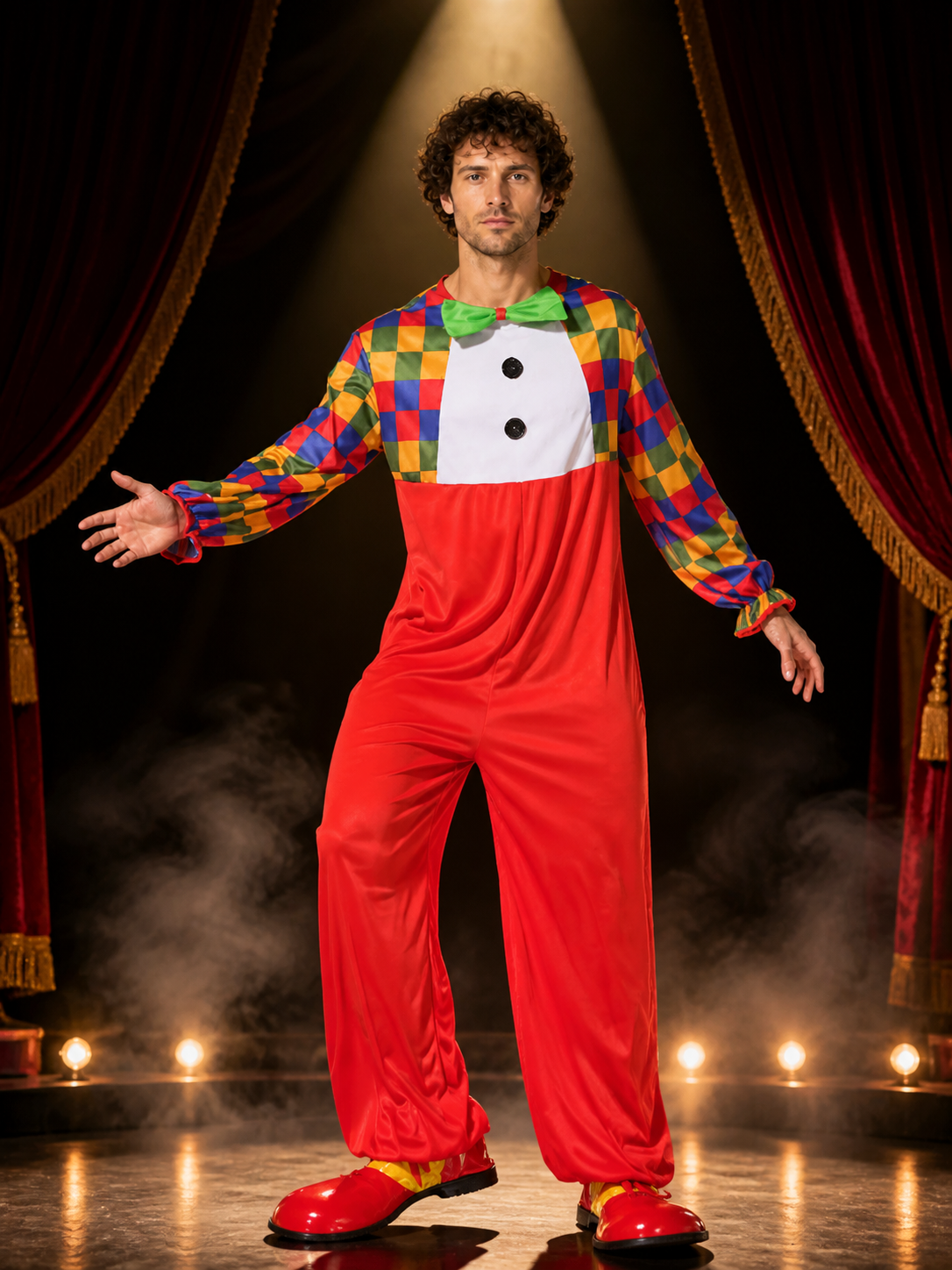 Adult Clown Jumpsuit Costume with Colorful Checkered Print and Bow Tie Costume Accessories detail 3