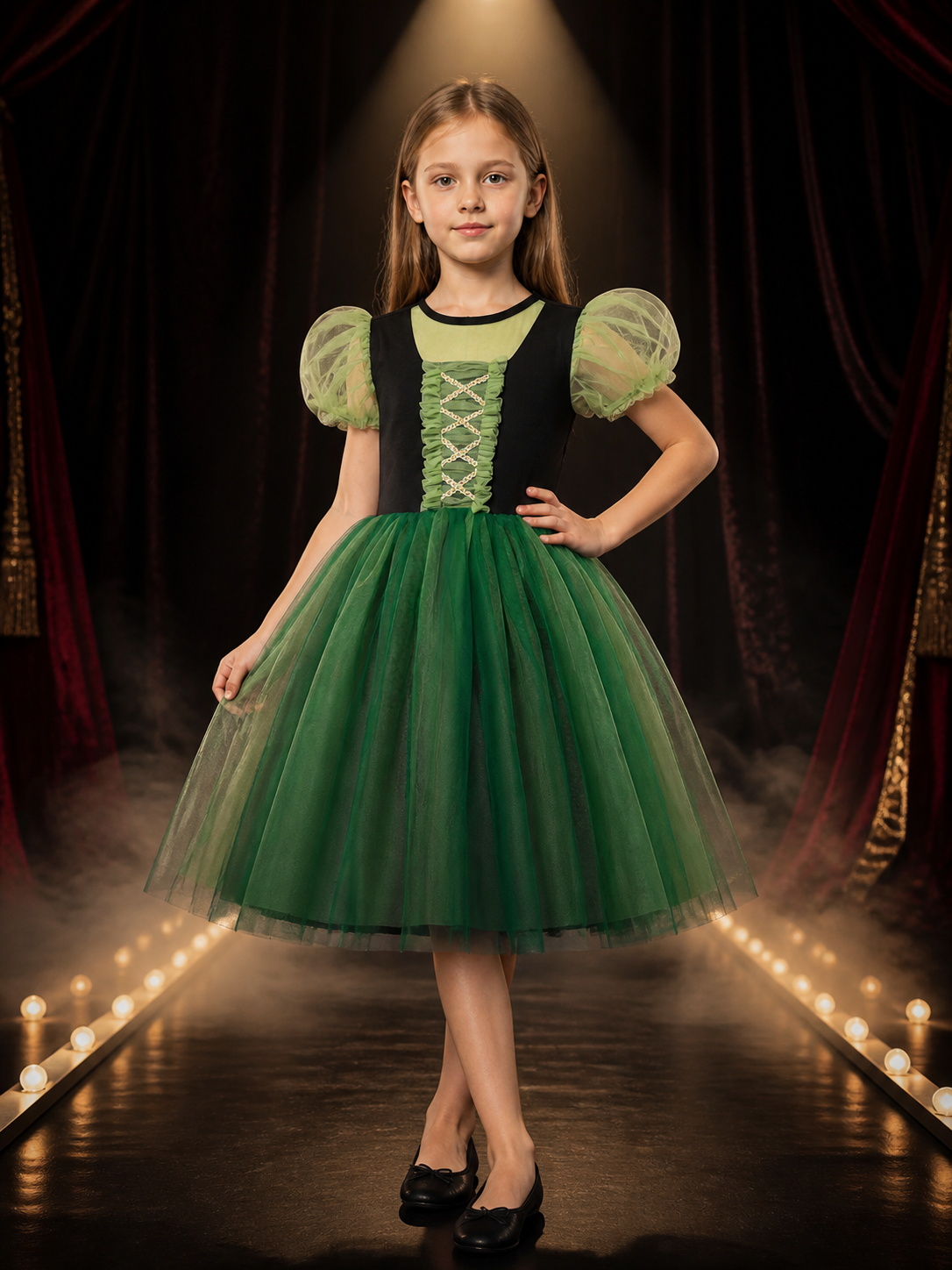 Girls' Dark Green Princess Dress, Puff Sleeves and Layered Full Skirt Costume Costume Dresses detail 3