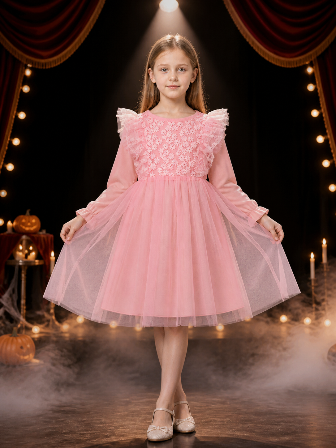 Infant Girls' Pink Princess Dress, Long Sleeve Lace Tulle Floral Embroidered Costume Dresses detail 3