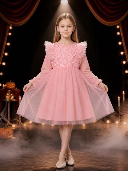 Infant Girls' Pink Princess Dress, Long Sleeve Lace Tulle Floral Embroidered Costume Dresses detail 3