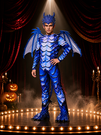 Kids' Blue Frost Dragon Knight Costume with Wings, Tail & Spikes, Halloween Costumes detail 3