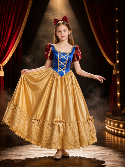 Girls Snow White Costume Dress, Blue Bodice with Gold Lacing, Red Puff Sleeves Costume Dresses detail 3