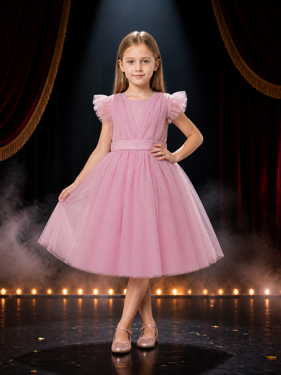 Toddler Girls' Pink Princess Dress, Layered Tulle Flutter Sleeve Formal Gown Costume Dresses detail 3