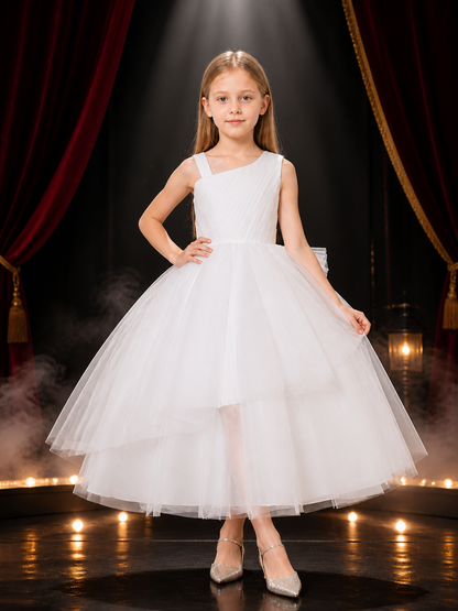 Girls' White One-Shoulder Tulle Princess Dress, Sleeveless Formal Gown Costume Dresses detail 3
