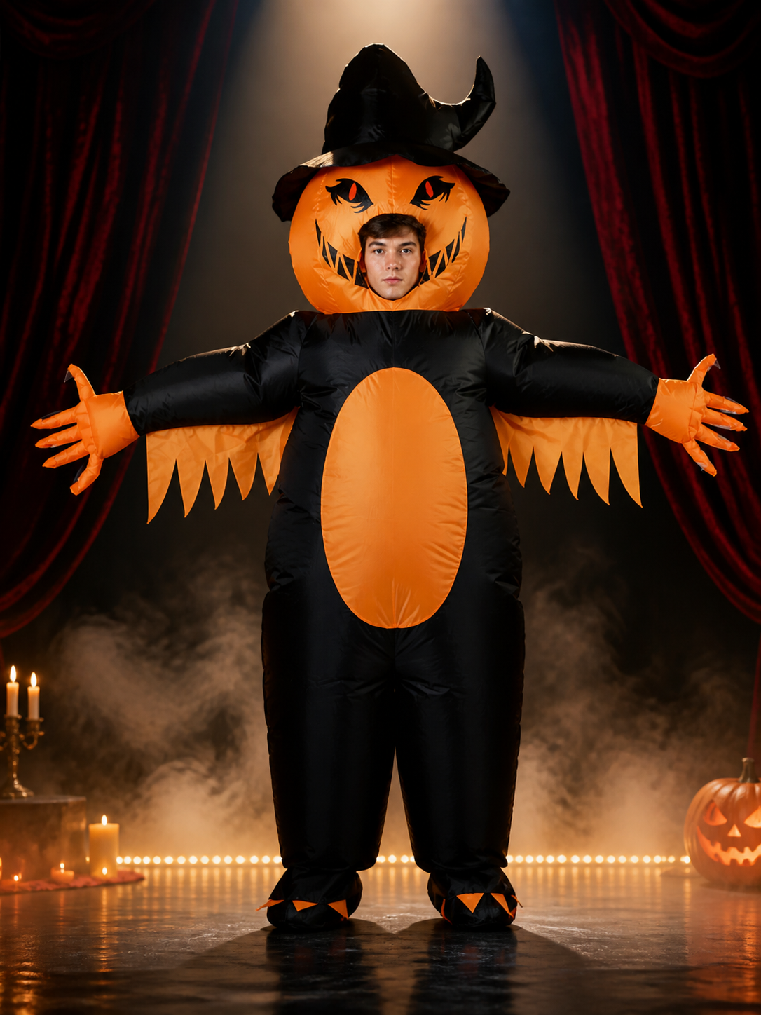Inflatable Pumpkin Wizard Costume - Black & Orange Halloween Jumpsuit Costumes detail 3