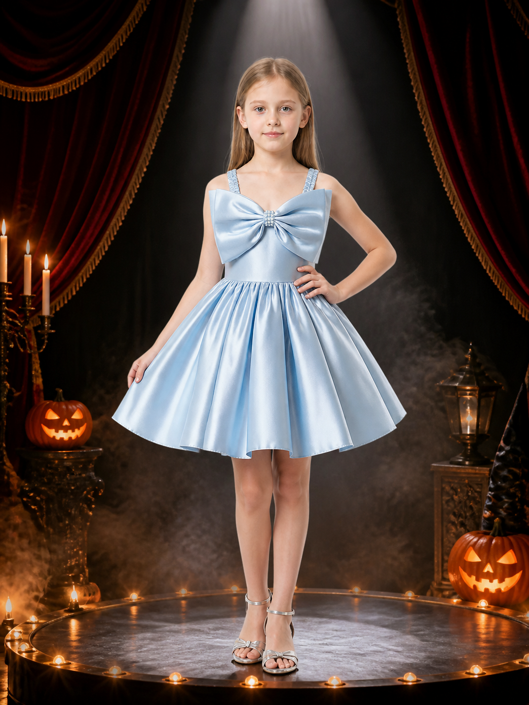 Baby Girl Sky Blue Princess Dress with Oversized Bow, Sleeveless Party Gown Costume Dresses detail 3