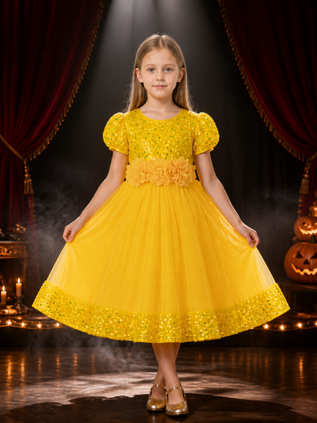 Baby Girls Princess Dress, Sequined Bodice, 3D Flower Waist, Layered Tulle Skirt