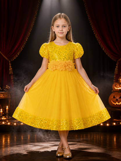 Baby Girls Princess Dress, Sequined Bodice, 3D Flower Waist, Layered Tulle Skirt