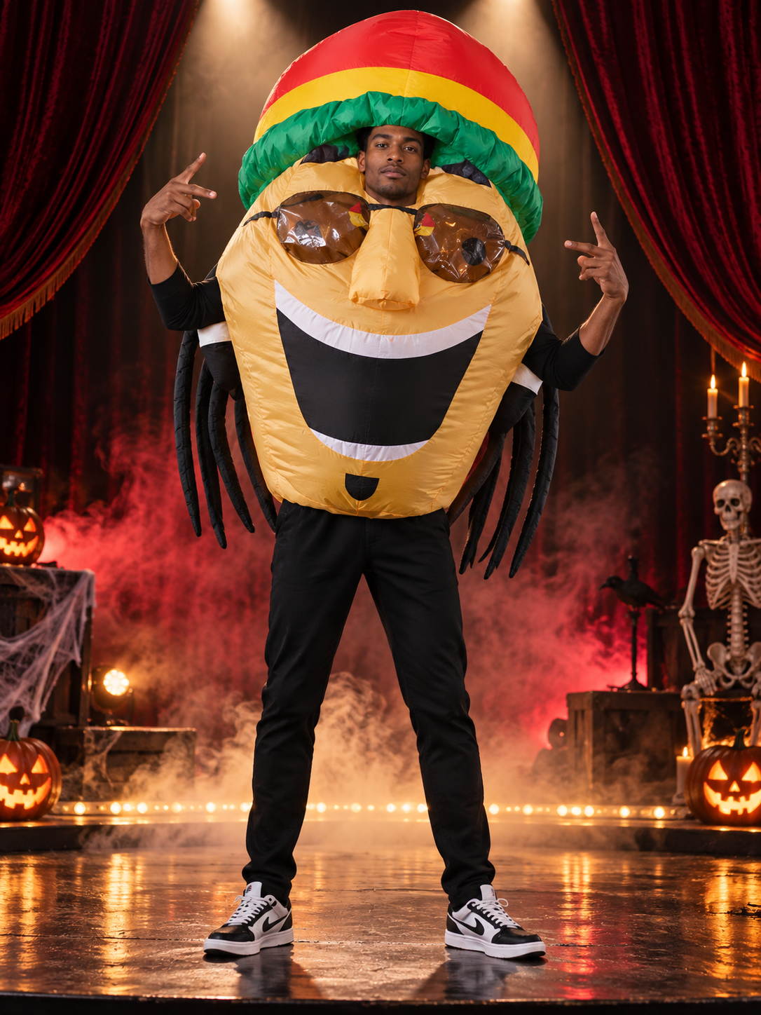 Inflatable carnival costume with fan, hat, and glasses